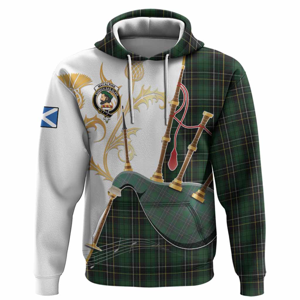 MacAlpine (MacAlpin) Tartan Family Crest Hoodie Bagpipes with Scottish Thistle