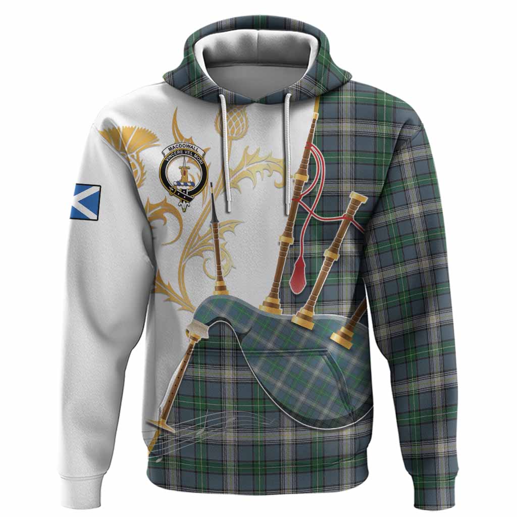 MacDowall (McDowall) Tartan Family Crest Hoodie Bagpipes with Scottish Thistle