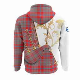 Moubray Tartan Family Crest Hoodie Bagpipes with Scottish Thistle