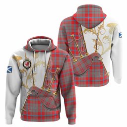 Moubray Tartan Family Crest Hoodie Bagpipes with Scottish Thistle