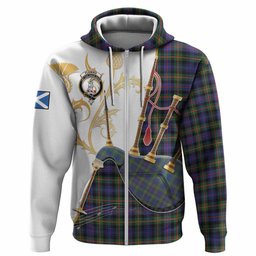 Fleming Tartan Family Crest Hoodie Bagpipes with Scottish Thistle