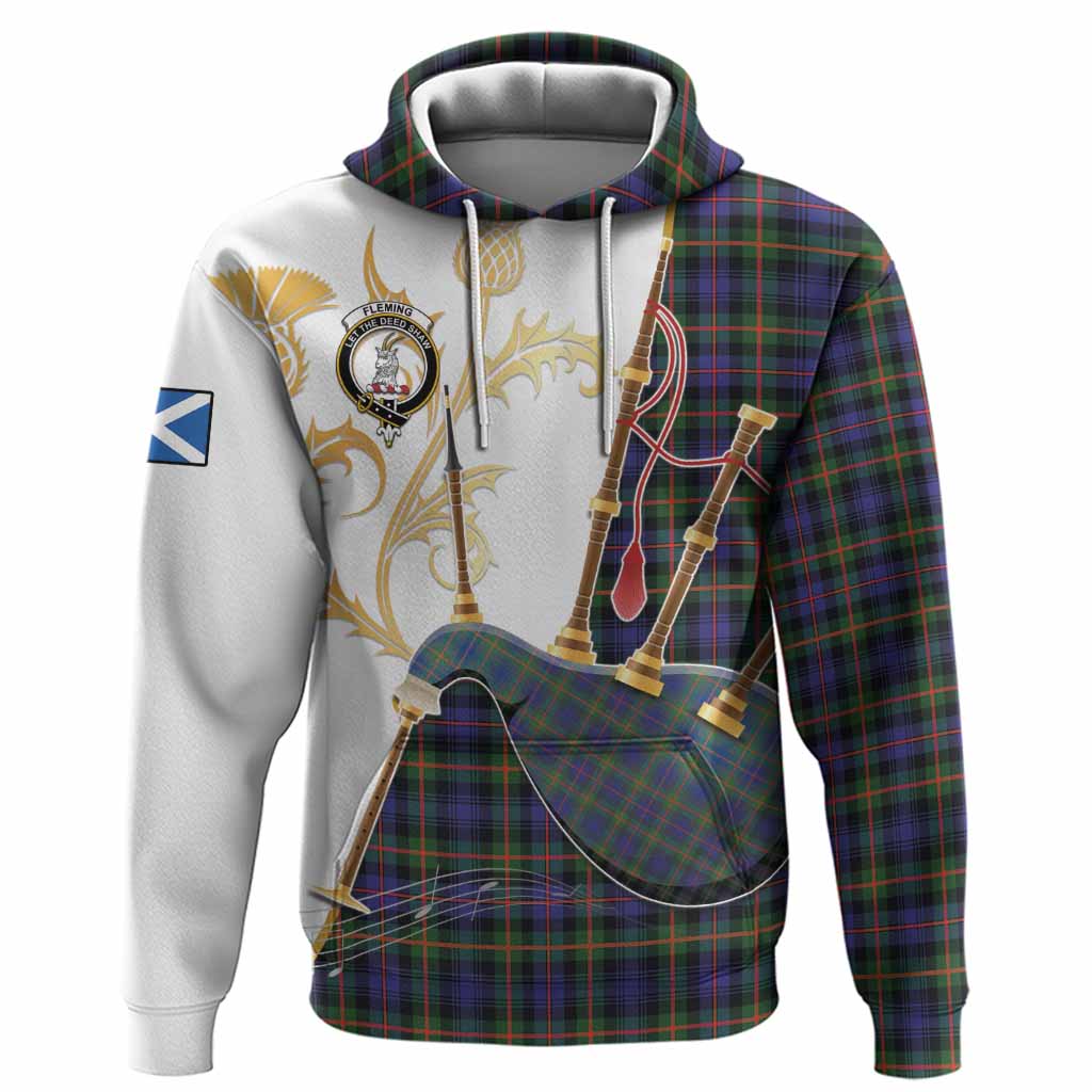 Fleming Tartan Family Crest Hoodie Bagpipes with Scottish Thistle