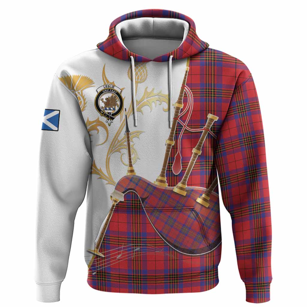 Leslie Tartan Family Crest Hoodie Bagpipes with Scottish Thistle