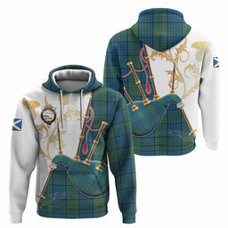 Lockhart Tartan Family Crest Hoodie Bagpipes with Scottish Thistle
