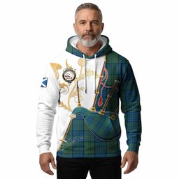 Lockhart Tartan Family Crest Hoodie Bagpipes with Scottish Thistle