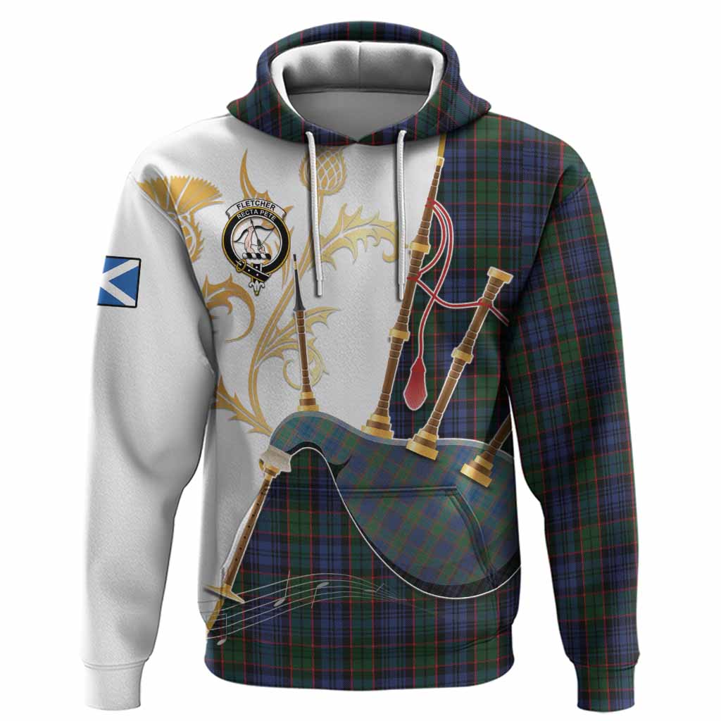 Fletcher Tartan Family Crest Hoodie Bagpipes with Scottish Thistle