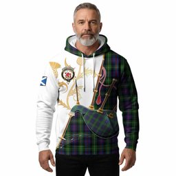 Farquharson Tartan Family Crest Hoodie Bagpipes with Scottish Thistle