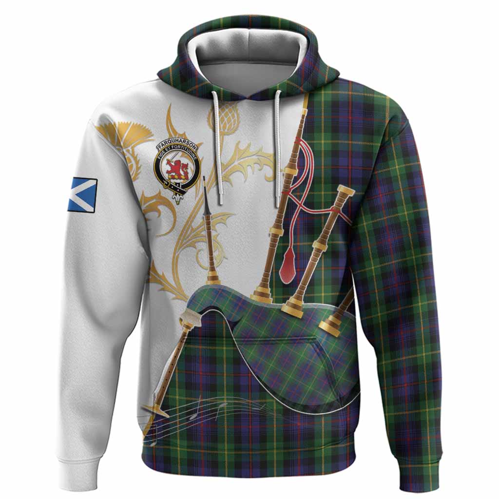 Farquharson Tartan Family Crest Hoodie Bagpipes with Scottish Thistle