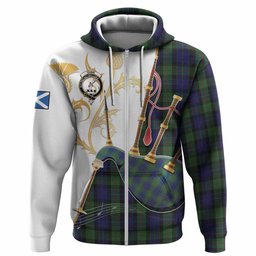 Gunn Tartan Family Crest Hoodie Bagpipes with Scottish Thistle