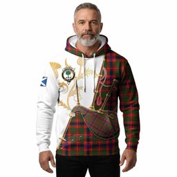 Kinninmont Tartan Family Crest Hoodie Bagpipes with Scottish Thistle
