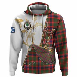 Kinninmont Tartan Family Crest Hoodie Bagpipes with Scottish Thistle