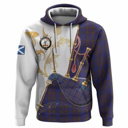 Elliot Tartan Family Crest Hoodie Bagpipes with Scottish Thistle