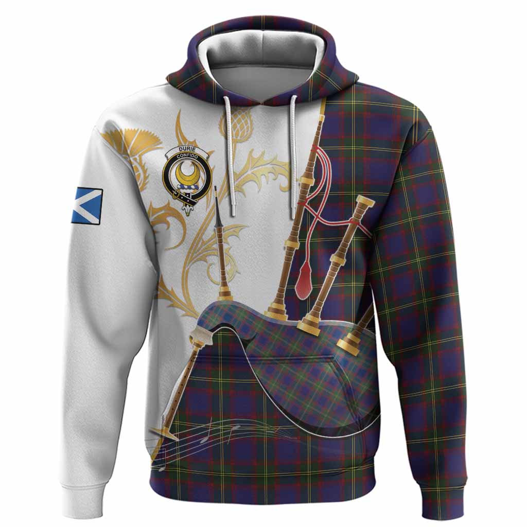 Durie Tartan Family Crest Hoodie Bagpipes with Scottish Thistle