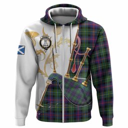Malcolm Tartan Family Crest Hoodie Bagpipes with Scottish Thistle