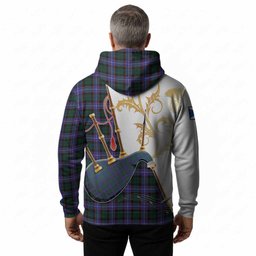 Hunter (Hunterston) Tartan Family Crest Hoodie Bagpipes with Scottish Thistle