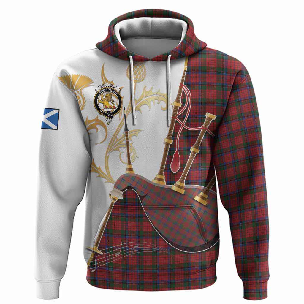 Nicolson Tartan Family Crest Hoodie Bagpipes with Scottish Thistle