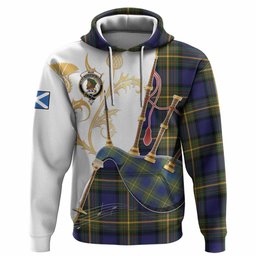 Muir Tartan Family Crest Hoodie Bagpipes with Scottish Thistle