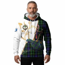 Mowat Tartan Family Crest Hoodie Bagpipes with Scottish Thistle