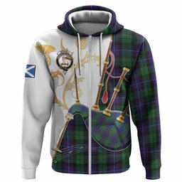 Mitchell Tartan Family Crest Hoodie Bagpipes with Scottish Thistle