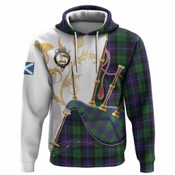 Mitchell Tartan Family Crest Hoodie Bagpipes with Scottish Thistle