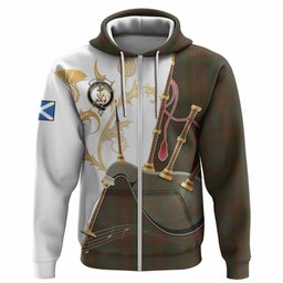 Gray Tartan Family Crest Hoodie Bagpipes with Scottish Thistle