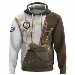 Gray Tartan Family Crest Hoodie Bagpipes with Scottish Thistle