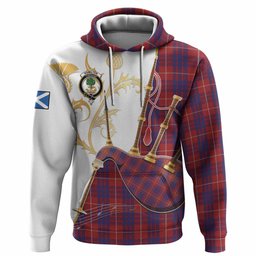 Hamilton Tartan Family Crest Hoodie Bagpipes with Scottish Thistle