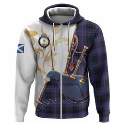 Morgan Tartan Family Crest Hoodie Bagpipes with Scottish Thistle