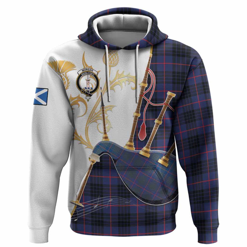 Morgan Tartan Family Crest Hoodie Bagpipes with Scottish Thistle