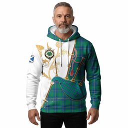 Irvine Tartan Family Crest Hoodie Bagpipes with Scottish Thistle
