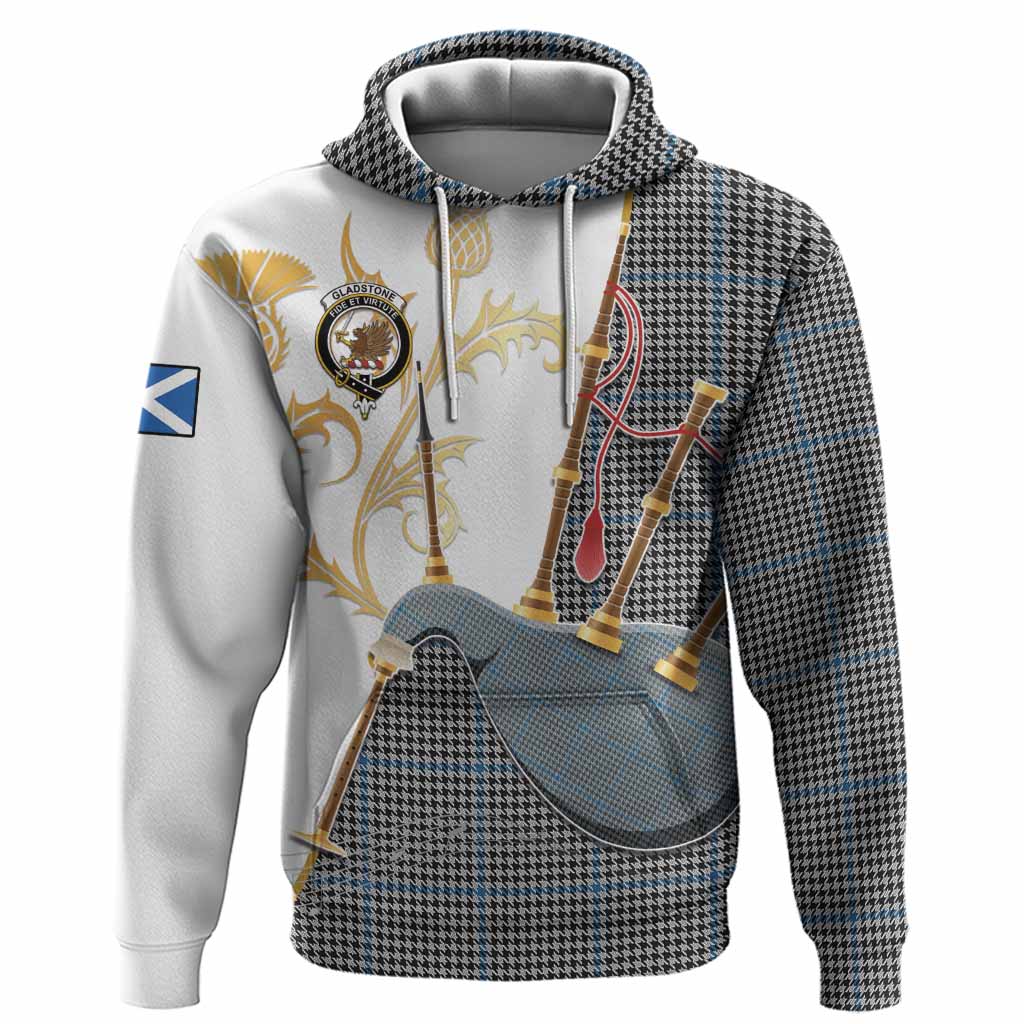 Gladstone (Gladstanes) Tartan Family Crest Hoodie Bagpipes with Scottish Thistle