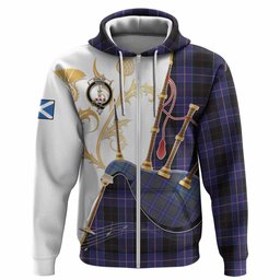 Dunlop Tartan Family Crest Hoodie Bagpipes with Scottish Thistle
