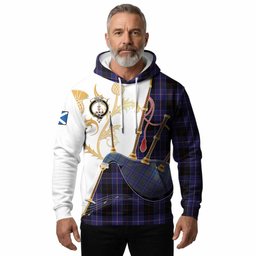 Dunlop Tartan Family Crest Hoodie Bagpipes with Scottish Thistle