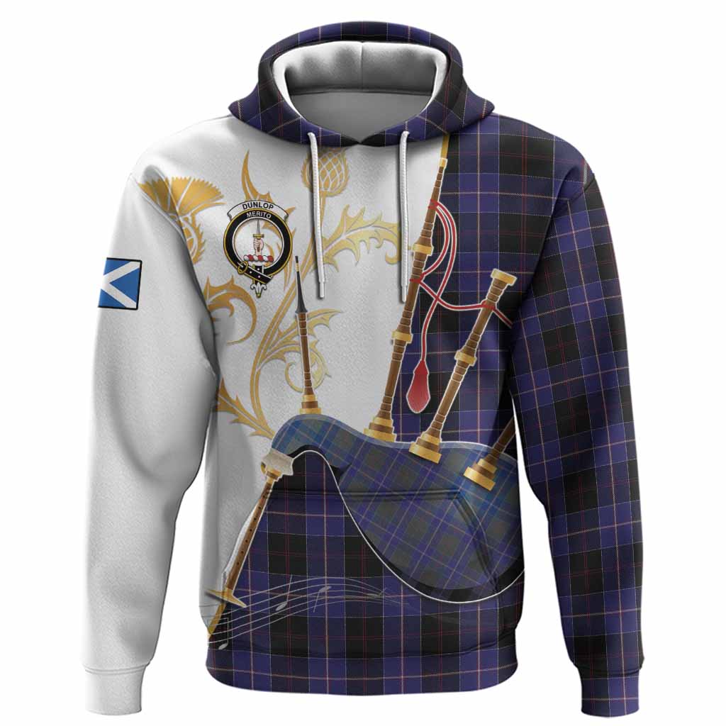 Dunlop Tartan Family Crest Hoodie Bagpipes with Scottish Thistle