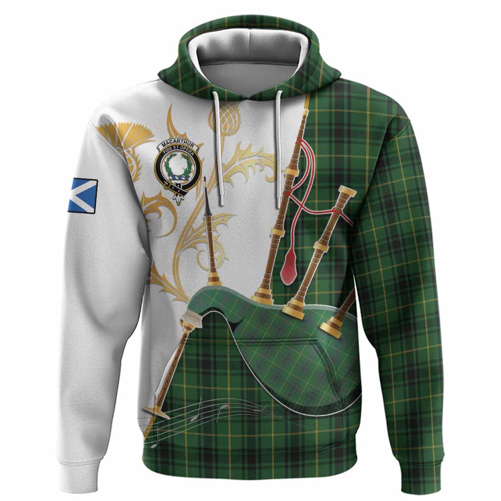 MacArthur (McArthur) Tartan Family Crest Hoodie Bagpipes with Scottish Thistle
