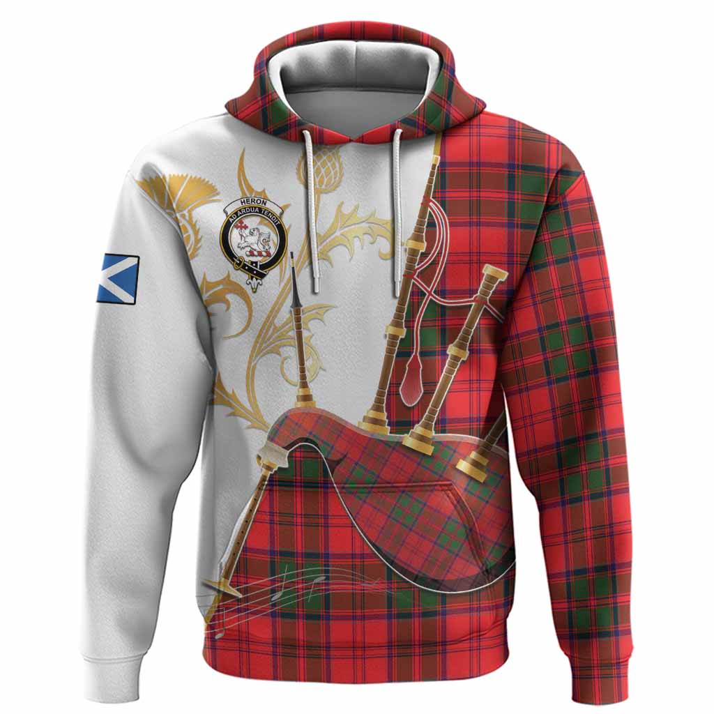 Heron Tartan Family Crest Hoodie Bagpipes with Scottish Thistle