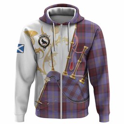 Rutherford Tartan Family Crest Hoodie Bagpipes with Scottish Thistle