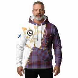 Rutherford Tartan Family Crest Hoodie Bagpipes with Scottish Thistle