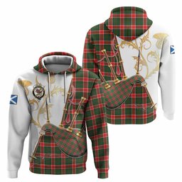Pollock Tartan Family Crest Hoodie Bagpipes with Scottish Thistle
