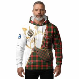 Pollock Tartan Family Crest Hoodie Bagpipes with Scottish Thistle