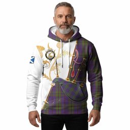Strachan Tartan Family Crest Hoodie Bagpipes with Scottish Thistle