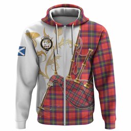 Ruthven Tartan Family Crest Hoodie Bagpipes with Scottish Thistle
