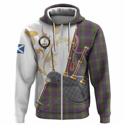 Shaw Tartan Family Crest Hoodie Bagpipes with Scottish Thistle