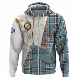 Thompson (Thomson) Tartan Family Crest Hoodie Bagpipes with Scottish Thistle