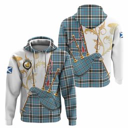 Thompson (Thomson) Tartan Family Crest Hoodie Bagpipes with Scottish Thistle