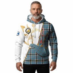 Thompson (Thomson) Tartan Family Crest Hoodie Bagpipes with Scottish Thistle