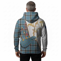 Thompson (Thomson) Tartan Family Crest Hoodie Bagpipes with Scottish Thistle