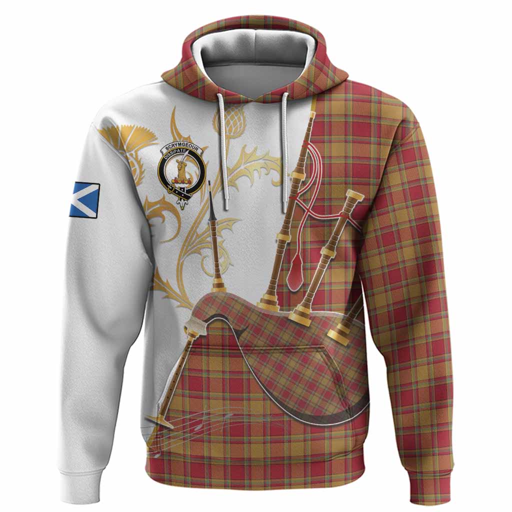Scrymgeour Tartan Family Crest Hoodie Bagpipes with Scottish Thistle