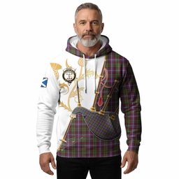 Russell Tartan Family Crest Hoodie Bagpipes with Scottish Thistle