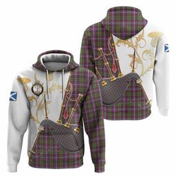 Russell Tartan Family Crest Hoodie Bagpipes with Scottish Thistle